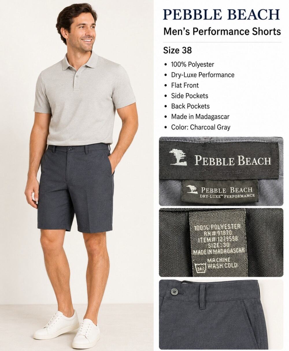 Pebble Beach Men's Flat Front Performance Shorts Size 30 Charcoal Gray Golf
